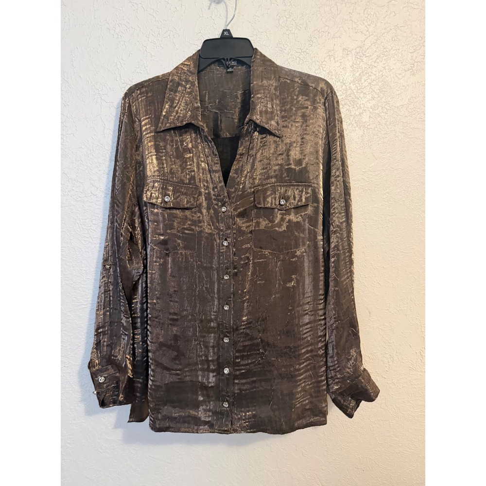 Elementz Woman Bronze Metallic Crinkle Button Down Shirt Plus Size 2X WSMB0132